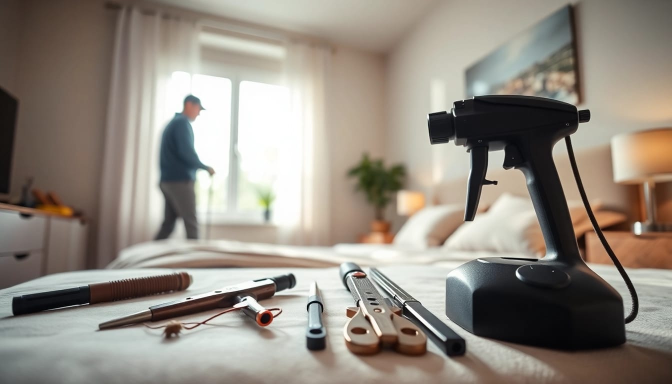 Bed bug exterminators examining a bedroom for pest issues with professional tools.