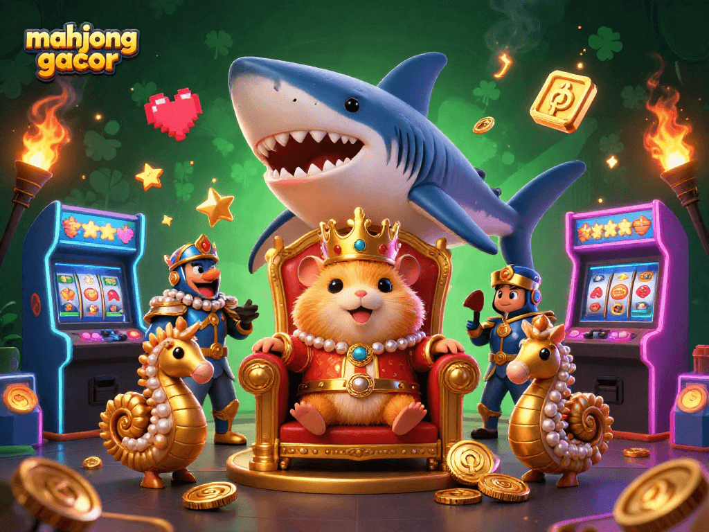 Experience the excitement of mahjong gacor with a golden hamster king and dynamic game elements in a vibrant casino setting.