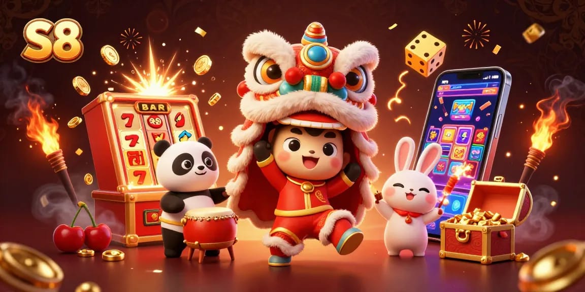 Spin the reels for big wins at S8's vibrant gaming hub featuring dynamic characters.