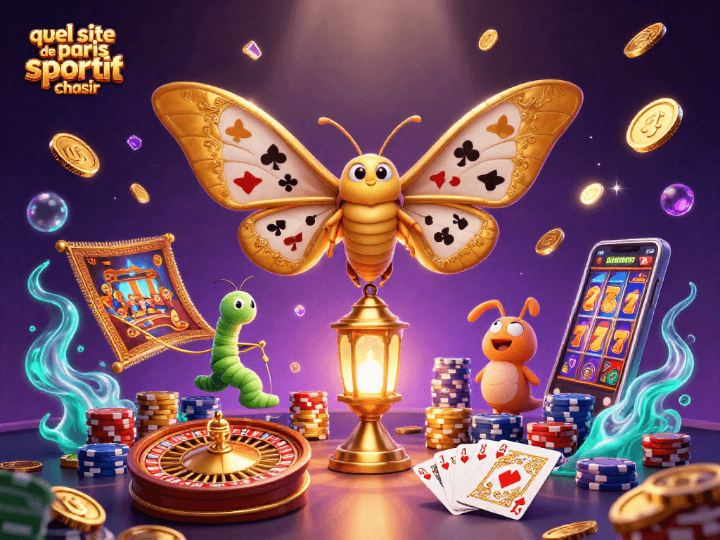 Découvrez quel site de paris sportif choisir grâce à une scène vibrante de casino avec un papillon 3D et des éléments dorés.