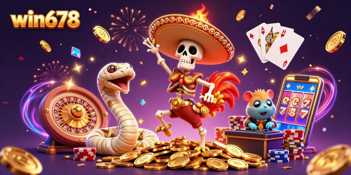 Experience thrilling wins with win678 in this vibrant casino illustration filled with dynamic characters and symbols.