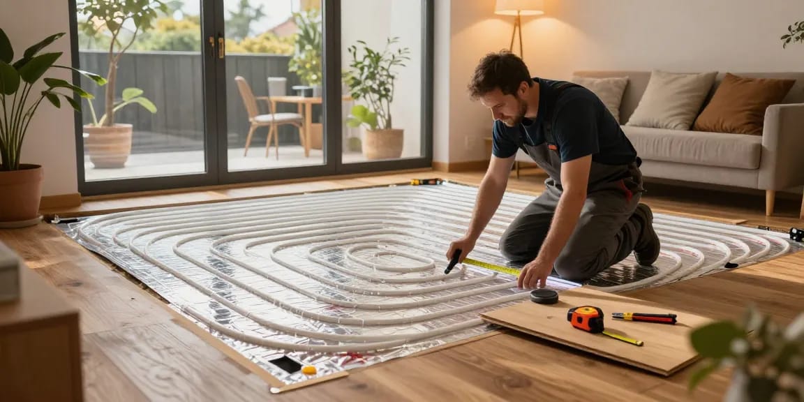Underfloor heating installation process in a modern home setting, highlighting comfort and warmth.