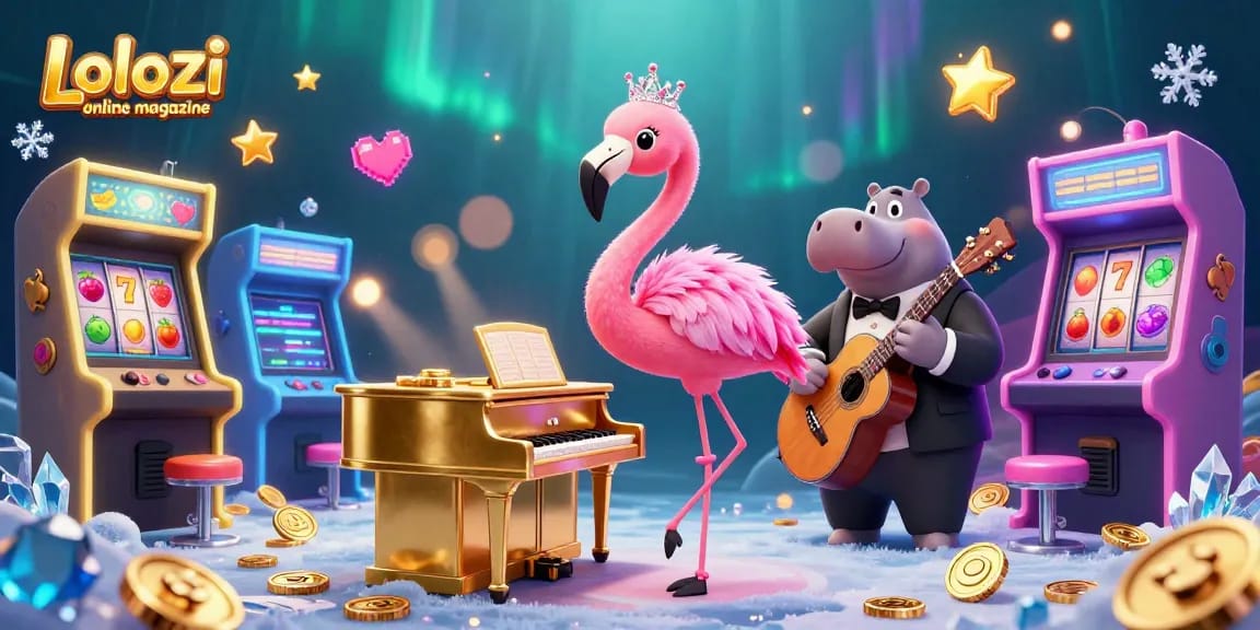 Lolozi online magazine showcases vibrant 3D casino illustration featuring lively flamingo singer, cool hippo bassist, and exciting slot elements.