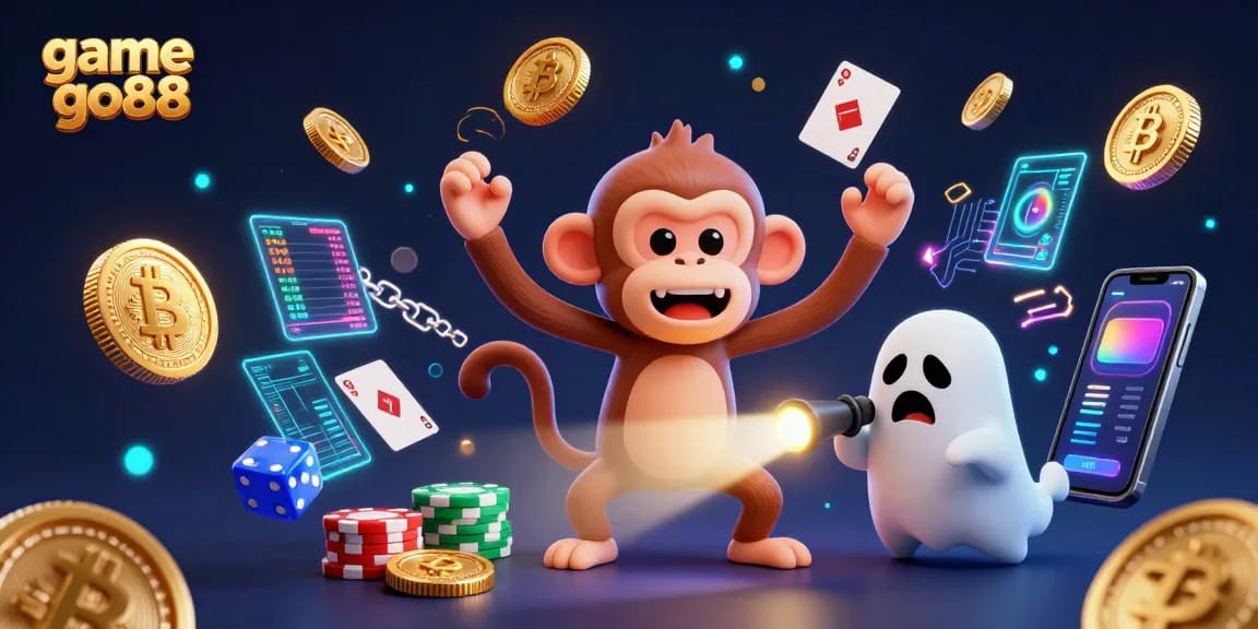 Engage with game go88 as a playful poltergeist monkey juggles coins and cards in a haunted casino.