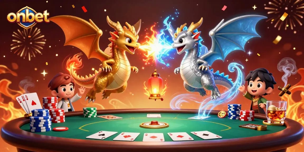 Bet on onbet as golden and silver dragons create a fiery balance in a vibrant casino scene.