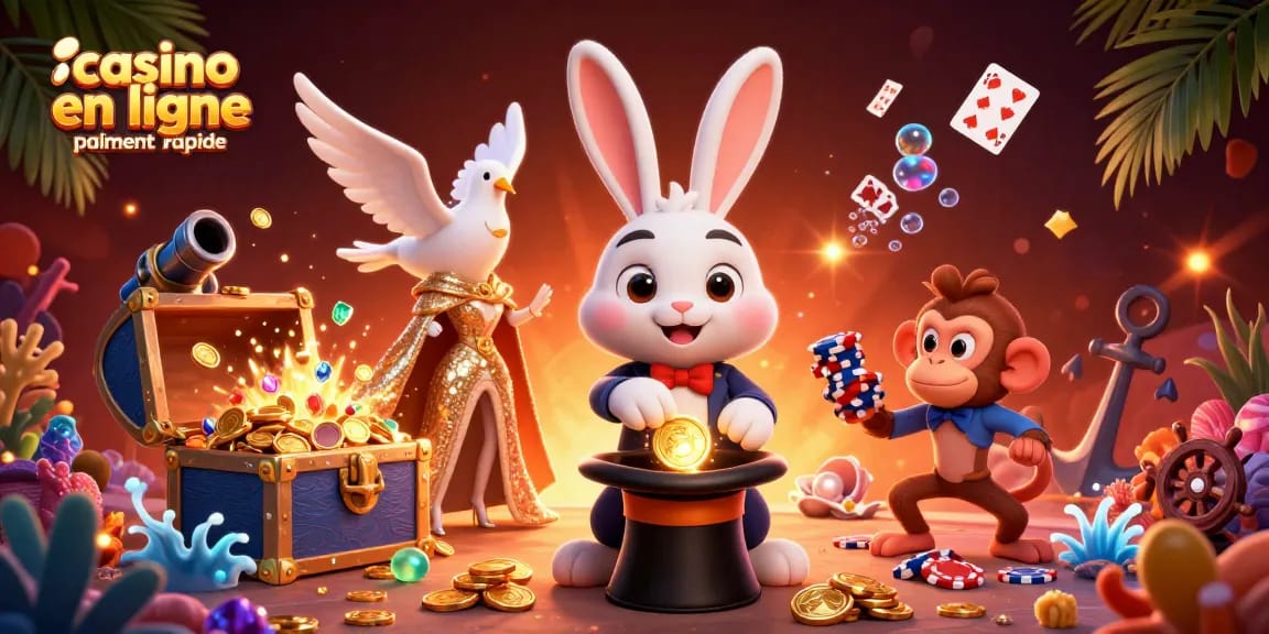 Réclamez vos gains rapidement avec un casino en ligne paiement rapide illustré par un magicien et des personnages animés.