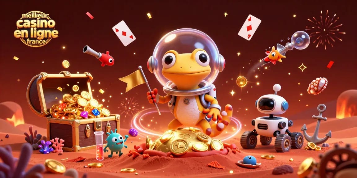 Actionner dans le meilleur casino en ligne France avec un gecko martien explorant un casino en or.