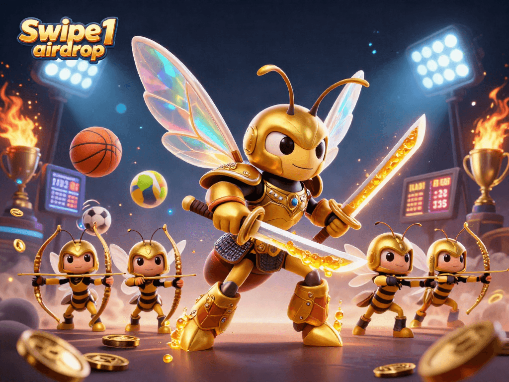 Engage with the Swipe1 airdrop featuring a dynamic 3D illustration of a golden hornet samurai and bee archers amidst vibrant sports elements.