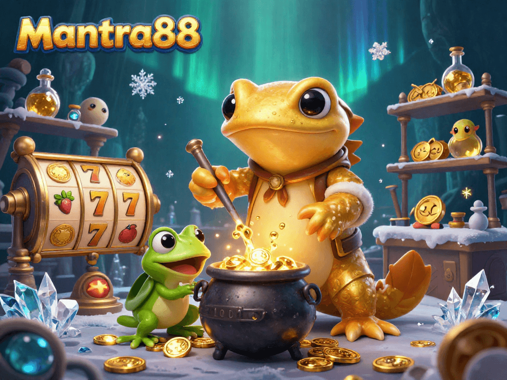Experience winning strategies at mantra88 with a vibrant 3D illustration featuring a golden salamander and magical slot machines.