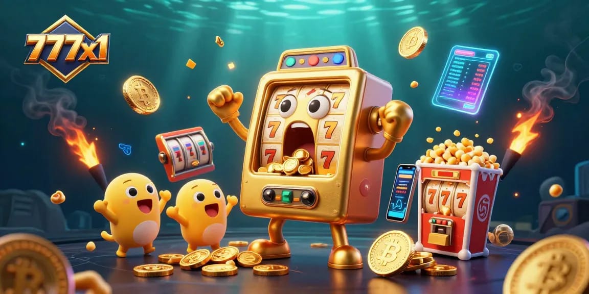 Win big with 777x1's jackpot features showcased in a vibrant 3D casino illustration.