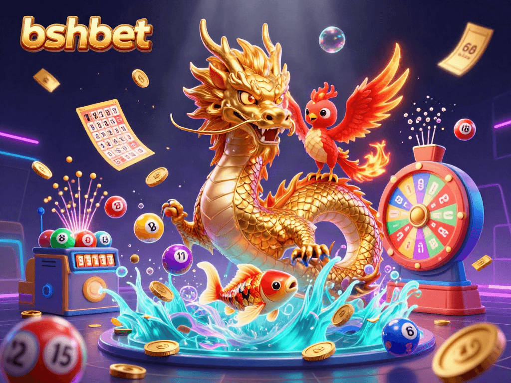 Engage with bshbet's vibrant lottery world featuring dynamic dragons, coins, and colorful games.