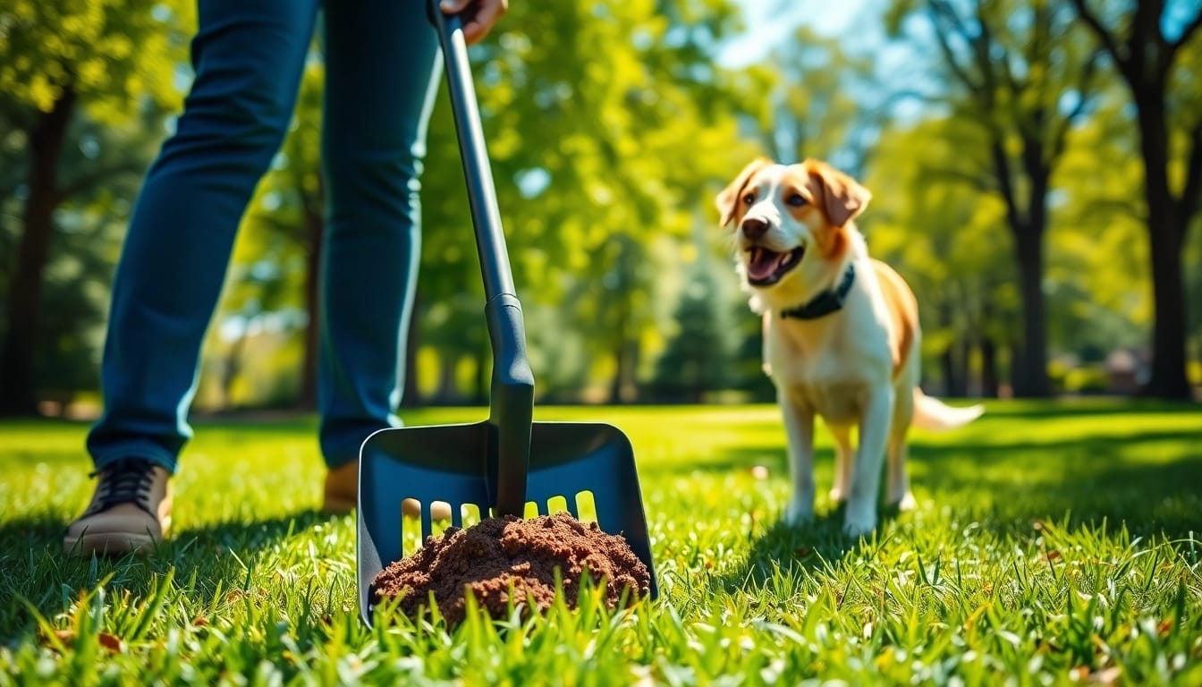 Person using a dog poop scooper in a sunny park, emphasizing its ergonomic design.