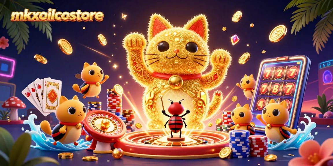 Play and win big with mkxoilcostore's vibrant casino game illustration featuring lucky symbols and golden fireflies.