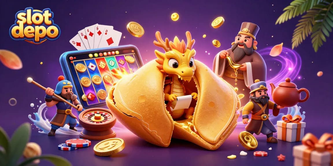 Slot depo dengan smartphone dan simbol permainan, emas berkilau menari dalam suasana ceria.