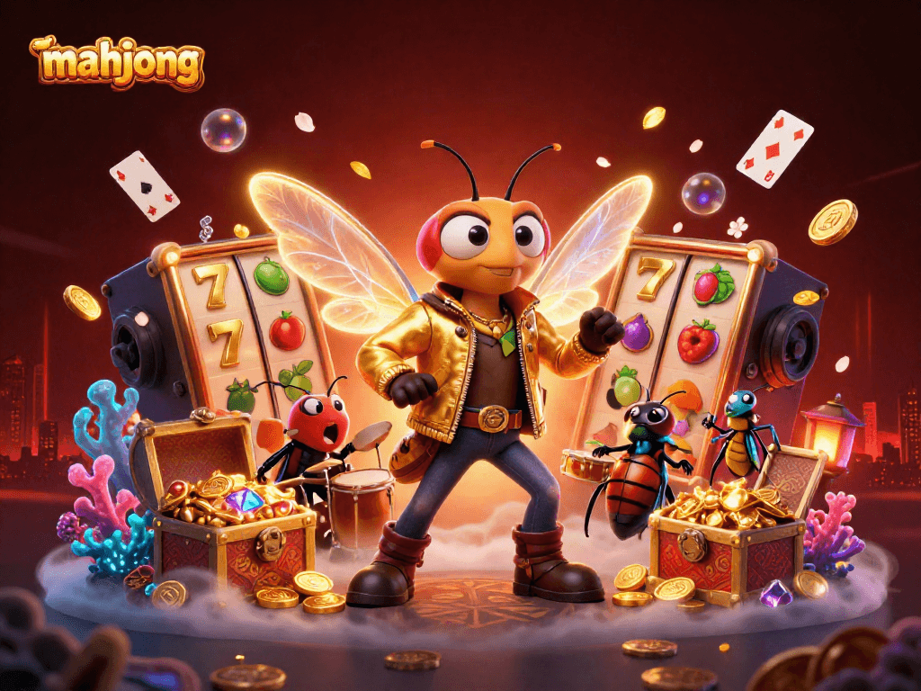 Experience mahjong excitement with a vibrant casino scene featuring a cicada rock star, slot reels, and treasures!