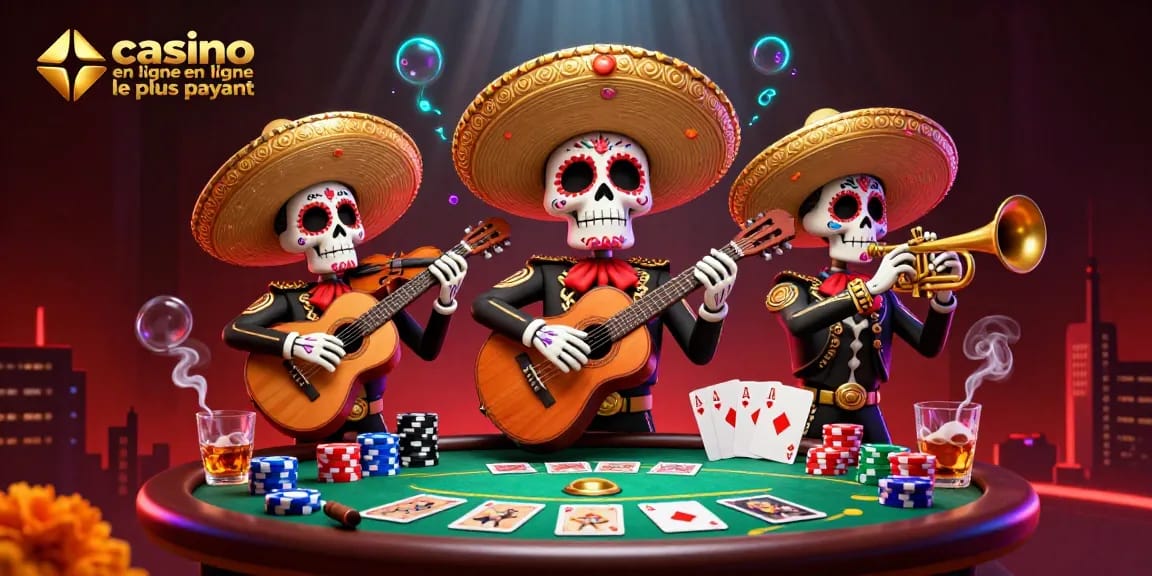 Découvrez le casino en ligne le plus payant avec cette illustration immersive de mariachi jouant au poker