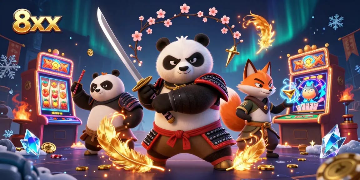 Engage in thrilling gameplay with 8xx featuring samurai panda and ninja fox in a vibrant casino scene.