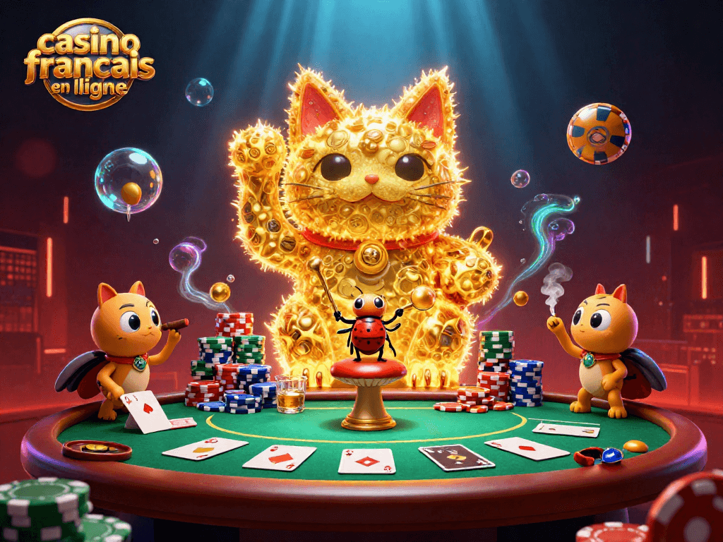 Ressentir l'excitation dans un casino francais en ligne avec un chat porte-bonheur et des jeux de poker captivants