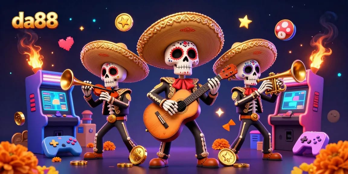 Celebrate with da88 as a vibrant Day of the Dead mariachi band plays amidst gaming excitement.