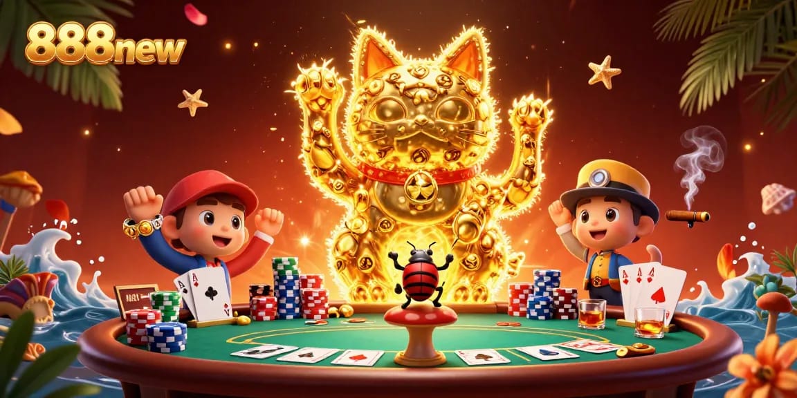 Engage with 888new’s vibrant 3D casino scene showcasing unique game elements and a lucky cat motif.