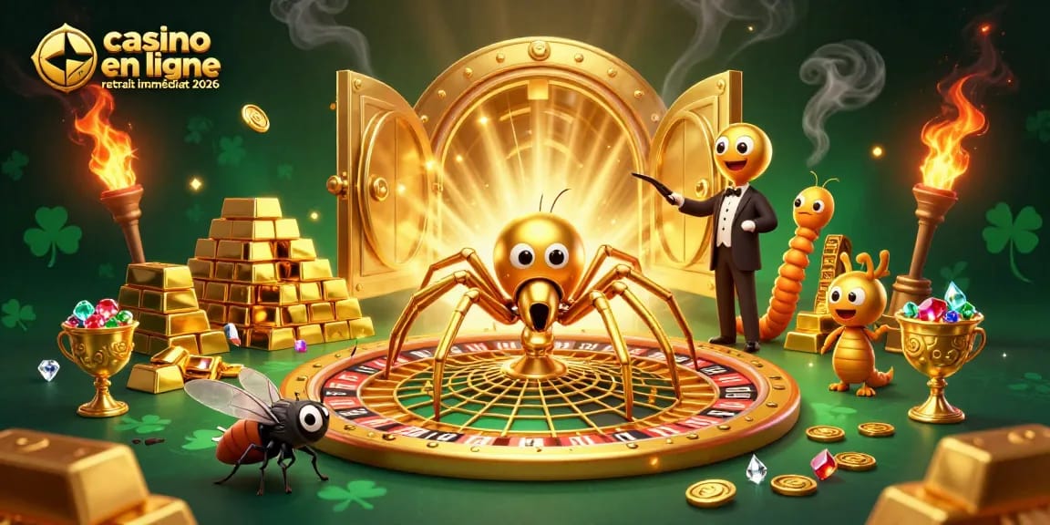 Accédez aux jeux de casino en ligne retrait immédiat 2026 avec une illustration captivante d'araignées dorées.