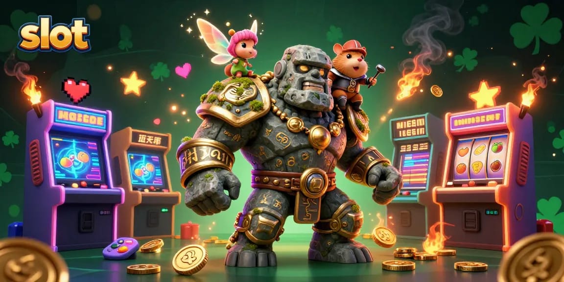 Slot gacor dengan golem penjaga, peri, dan hamster kesatria dalam ilustrasi 3D yang ceria.