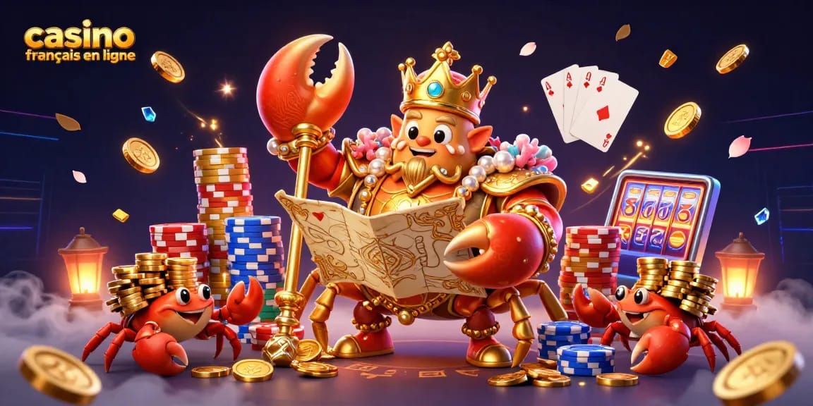 Découvrez le casino français en ligne avec un crabe en or entouré de pièces d'or et de cartes.