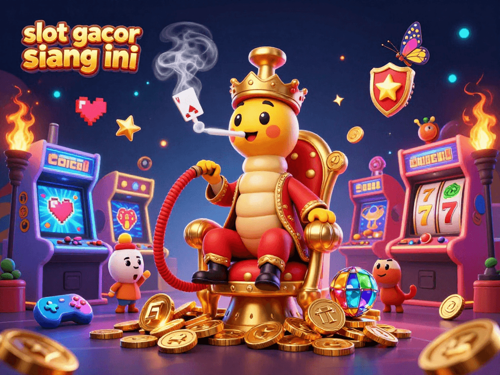 Experience slot gacor siang ini with a vivid scene featuring a cartoon caterpillar and gaming elements.