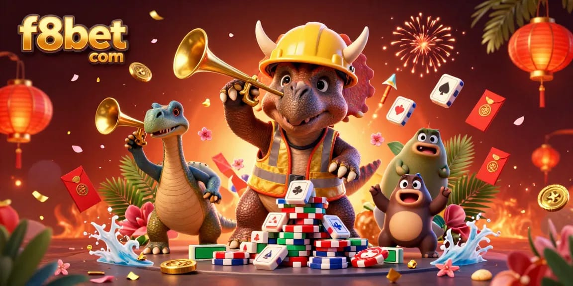 An engaging celebration at f8bet com with a triceratops and friends building poker chip towers in vibrant casino-themed 3D artwork.