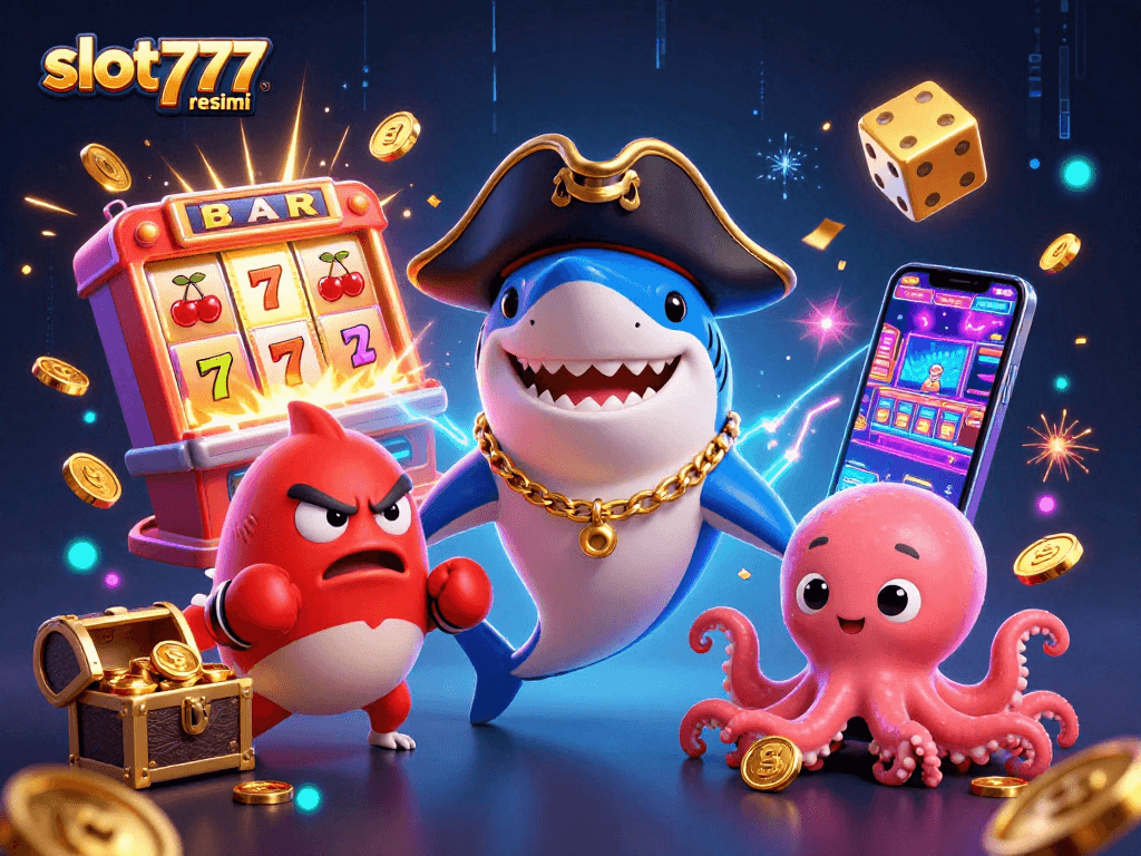 Spin the reels with slot777 resmi as the pirate shark and friends gather coins in a colorful casino scene.