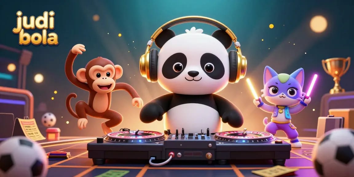 Ilustrasi judi bola yang menampilkan panda DJ, monyet breakdance, dan kucing rave yang dikelilingi elemen olahraga.