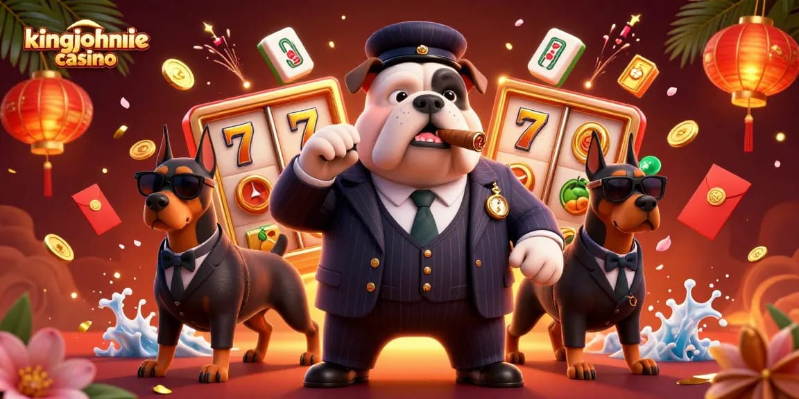 Engage with kingjohnnie casino's vibrant scene featuring slot reels and a mafia bulldog.