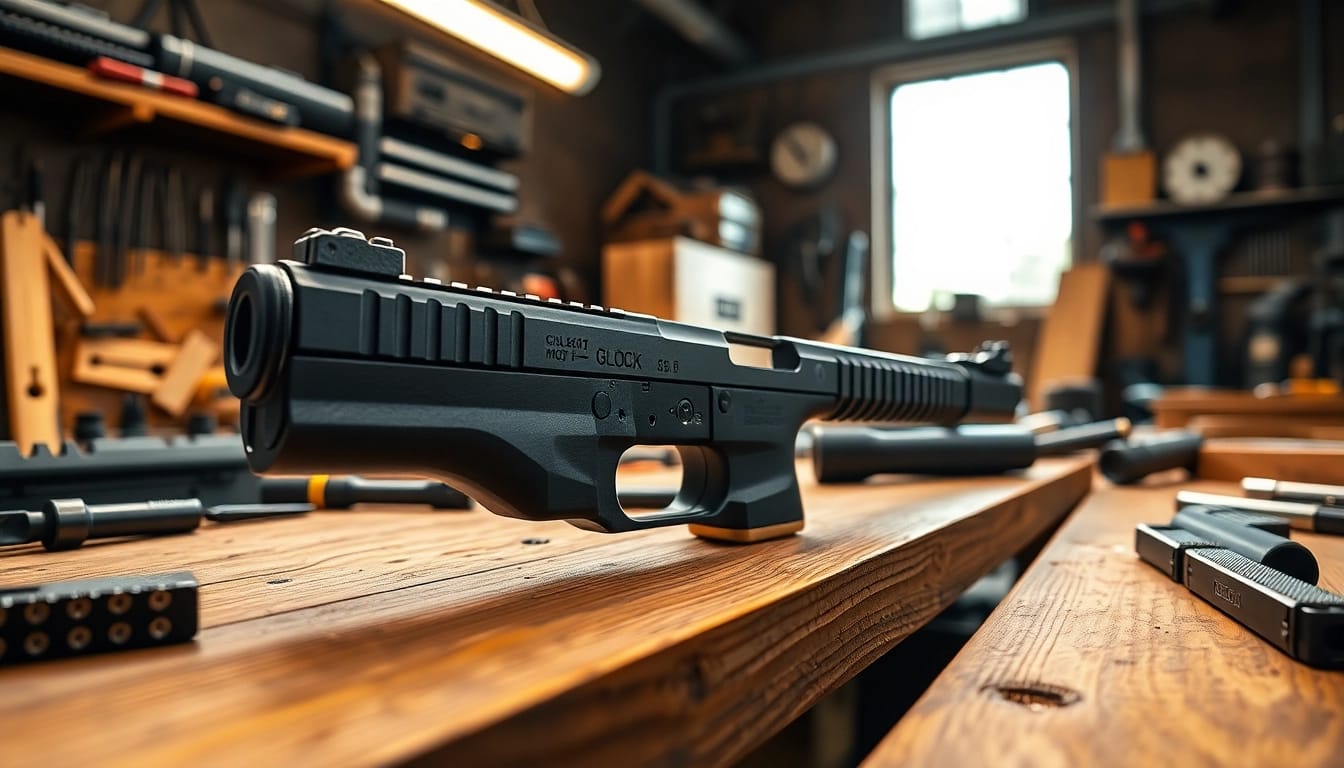 Highlighting the glock 17 gen 5 mos slide oem on a workbench, showcasing its detailed craftsmanship.