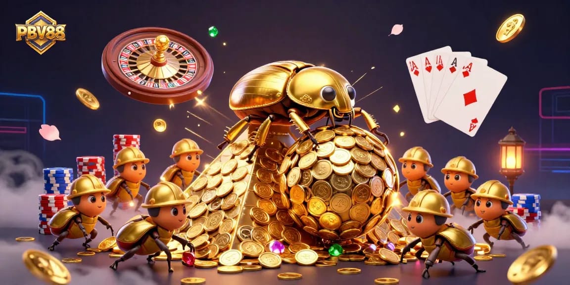 Engaging gameplay at PBV88 with a golden dung beetle rolling coins in a vibrant casino atmosphere.