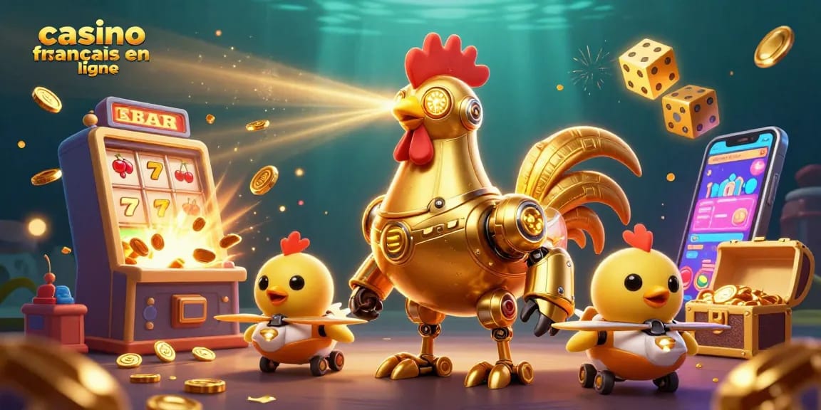 Jouez au casino français en ligne avec un robot coq doré et des drones en pleine action.