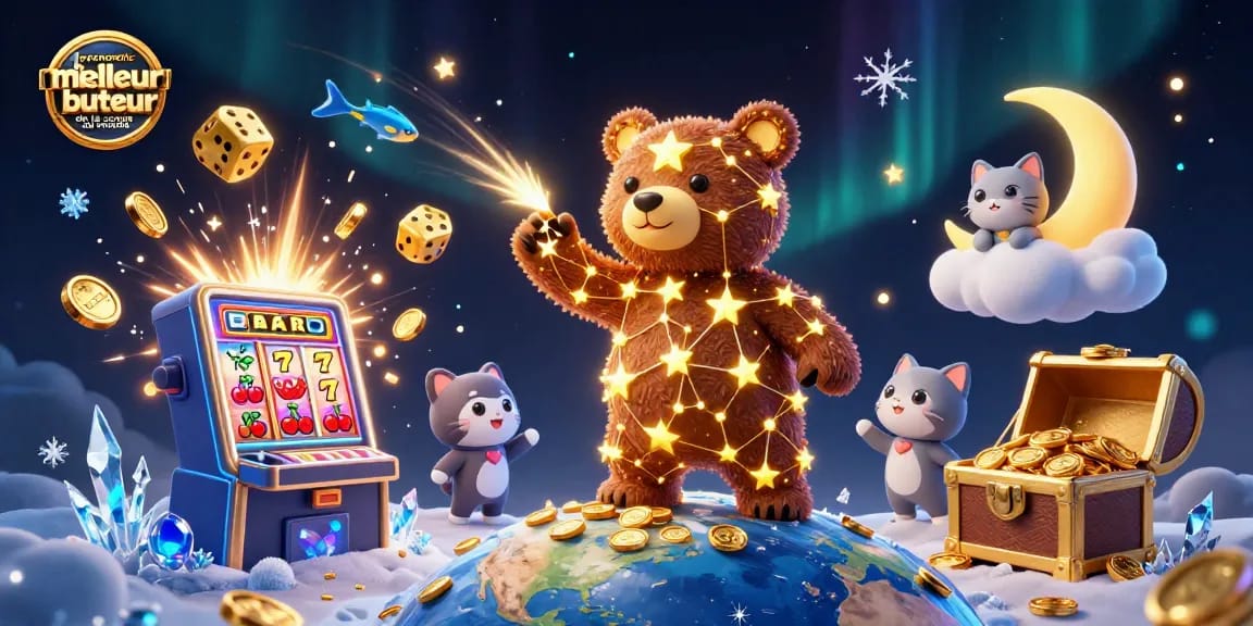 Un pronostic meilleur buteur de la coupe du monde avec un ours constellation et machines à sous échappant des pièces d'or étincelantes.