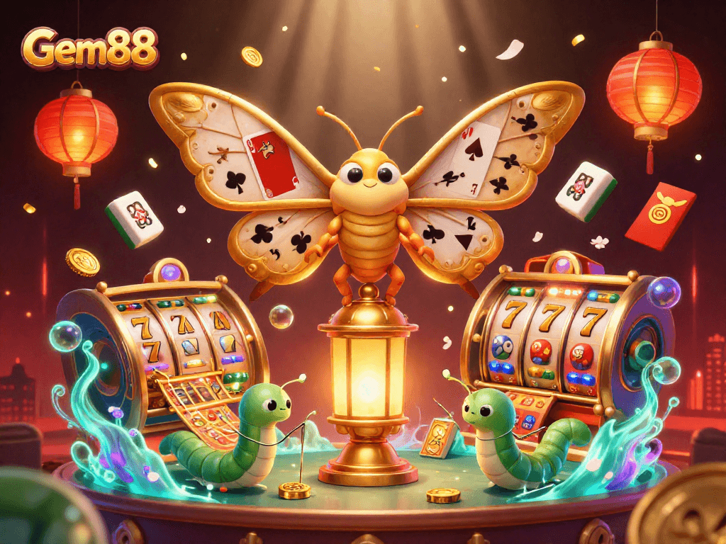 Engage with Gem88's captivating casino experience featuring vibrant slot reels and colorful motifs.