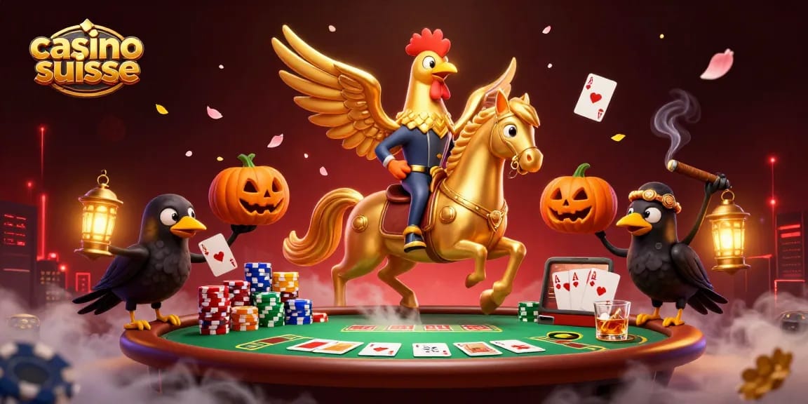 Jouez à casino suisse avec un poulet doré spectral au cœur d'un casino extravagant.