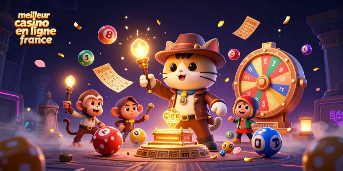 Illustration dynamique représentant le meilleur casino en ligne France avec des éléments de jeux colorés.