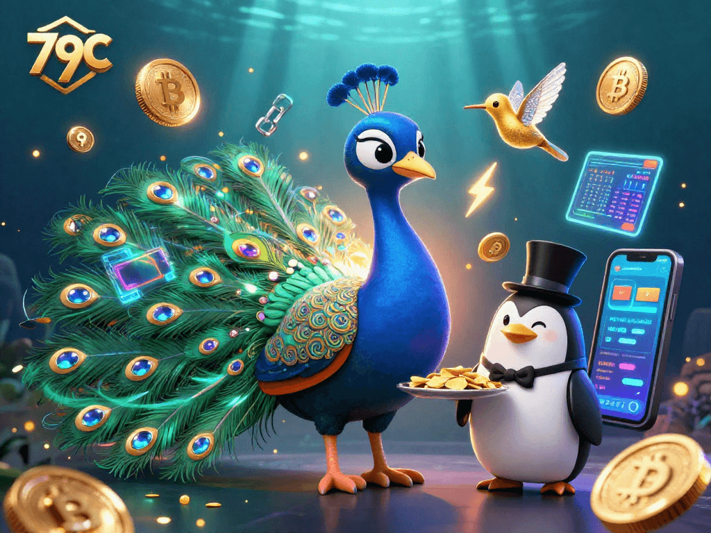 Jogue no 79C com um pavão aristocrático e um pinguim garçom em uma cena vibrante.