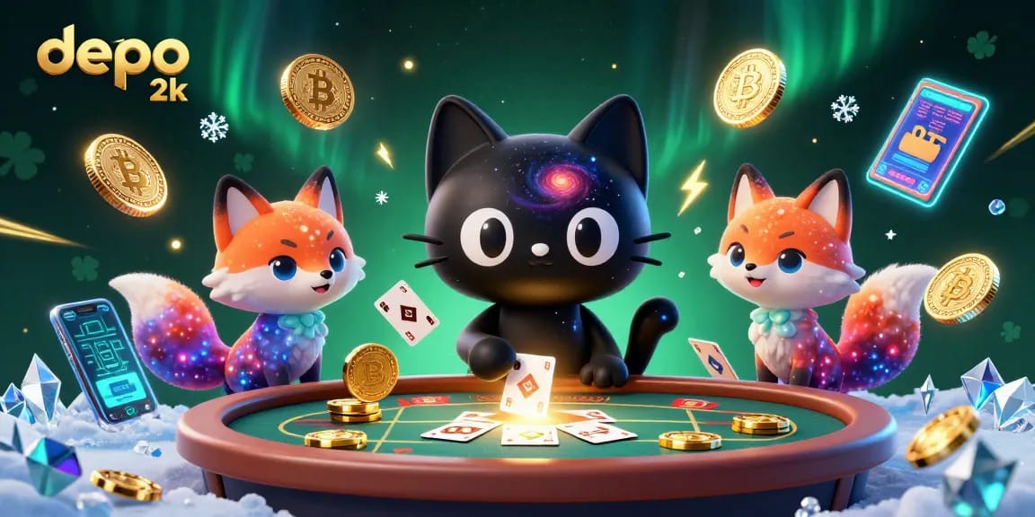Menang dengan depo 2k di kasino virtual, menarik chip emas dan kartu dalam permainan.