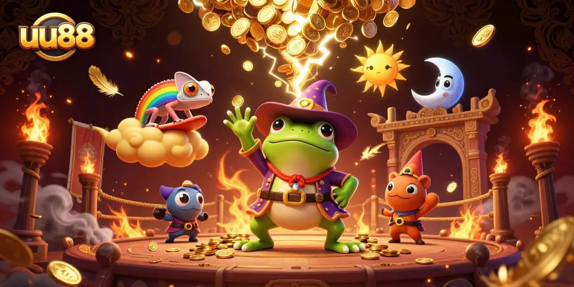 Win big with uu88 in a dynamic casino setting featuring magical characters and gold.