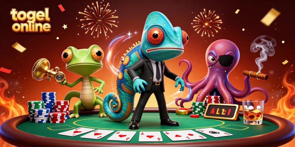 Experience the thrilling excitement of togel online with a vibrant illustration featuring a chameleon secret agent and animated casino elements.