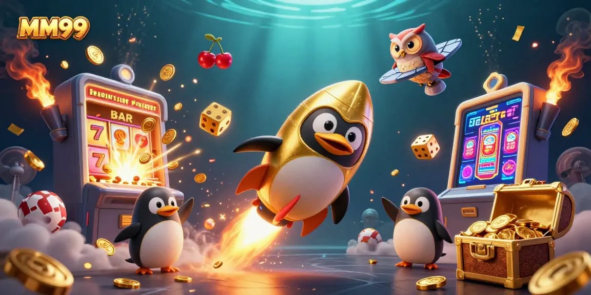 Play MM99 in style with a golden penguin rocket, slots, and vibrant graphics!