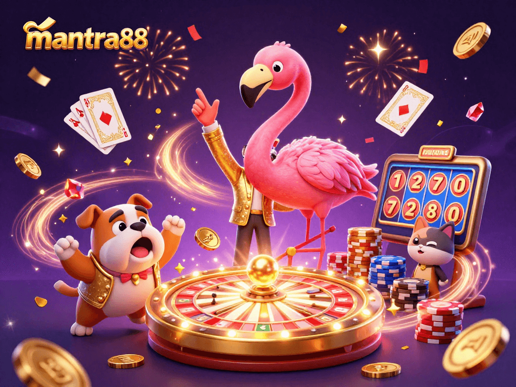 Spinning the prize wheel in excitement at mantra88 with playful characters and dazzling casino elements