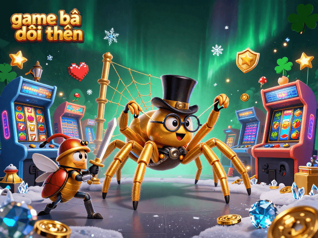 Engage with game bài đổi thưởng showcasing a giant golden tarantula spinning its web among a vibrant casino landscape.