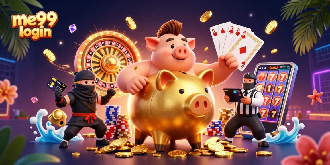 Experience excitement with me99 login as golden coins cascade around a gaming scene featuring vibrant characters.