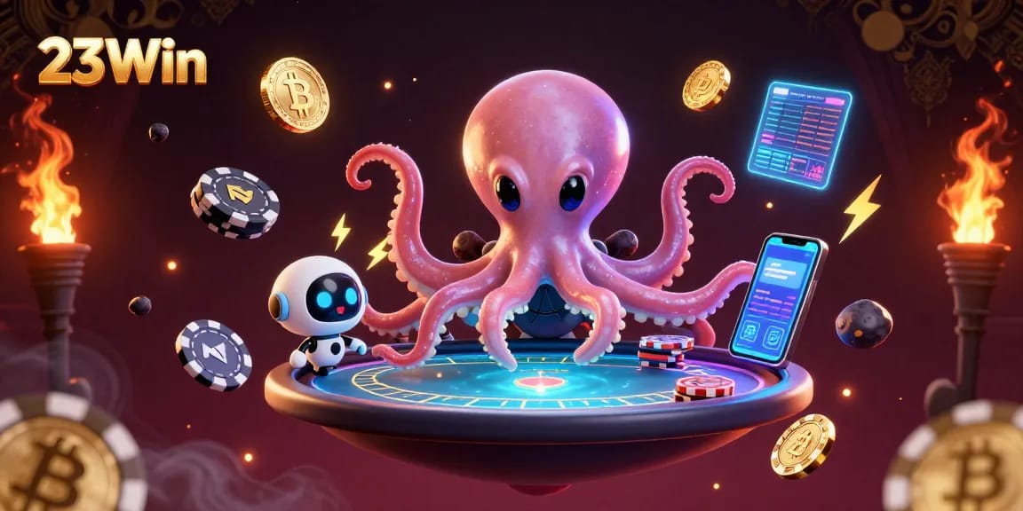 Play exciting poker at 23Win with an alien octopus and holographic elements in a vibrant cosmic setting.