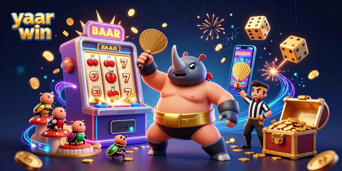 yaar win features a lively scene of beetle champions and slot machines in action