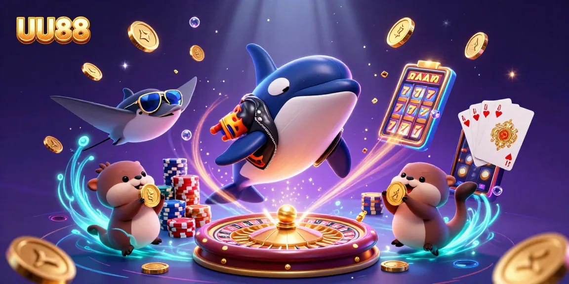 Experience thrilling wins with UU88 as the orca jumps through dazzling casino elements and otters with coins!